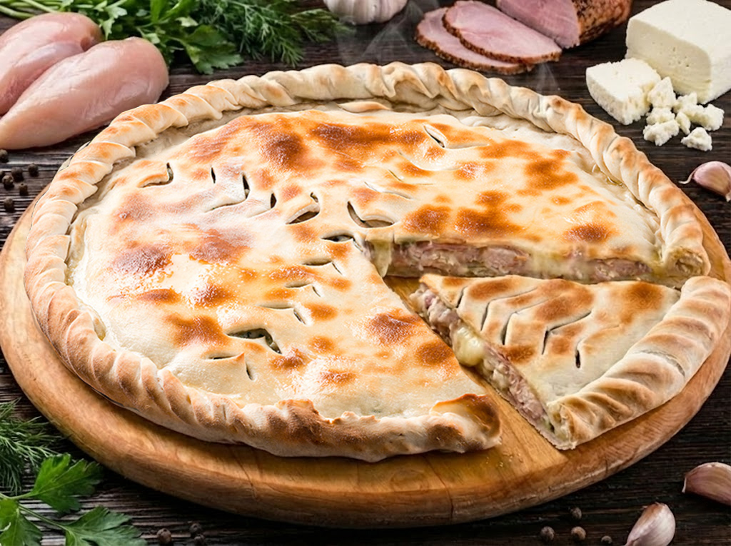 Пирог с курицей, ветчиной и сыром